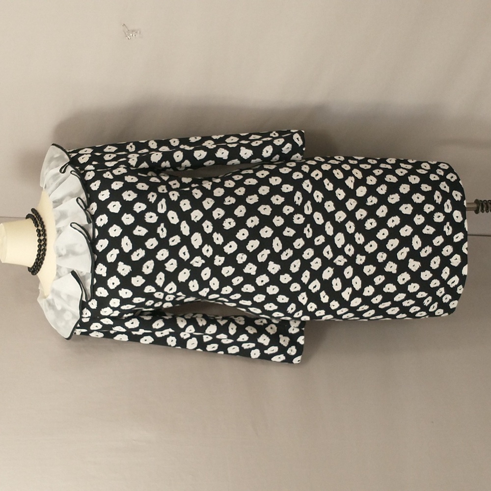 True Vintage Midi Dress Flirty w wide Ruffle Collar Black & White Print SeeMeas